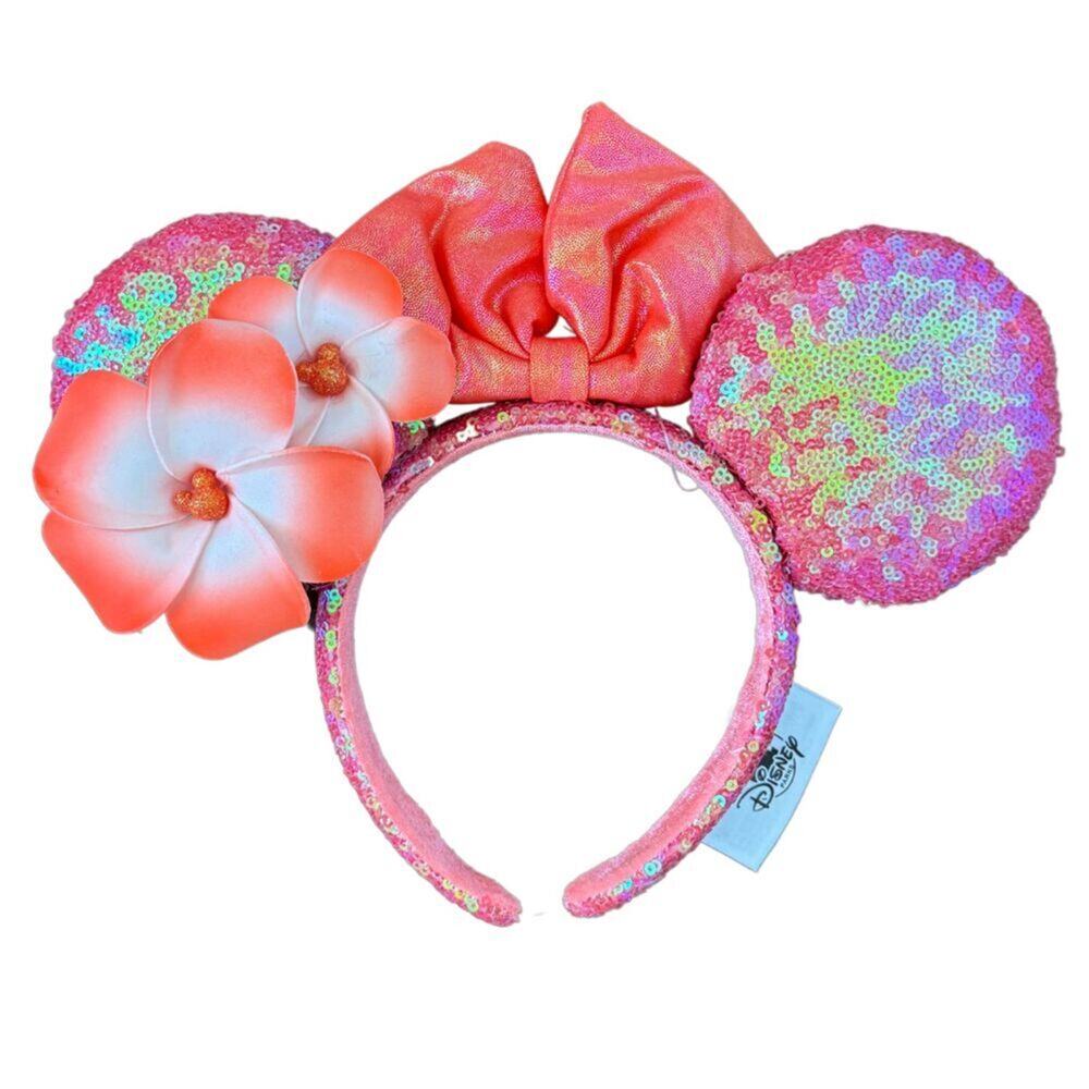NWT Disney Parks AULANI Minnie Ears Hawaii Pink Sequin Plumeria Headband Merch